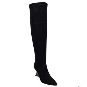 New in Box Natori Natsu Stretch Suede Over the Knee Wedge Boot Size 9 Black $535